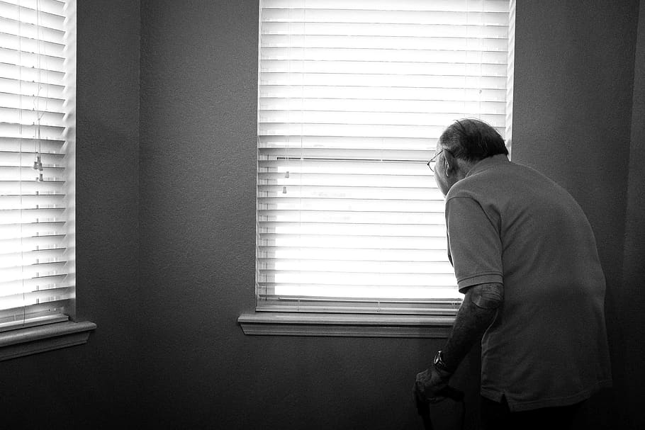 house, interior, window, black and white, old, people, one person, blinds, men, indoors