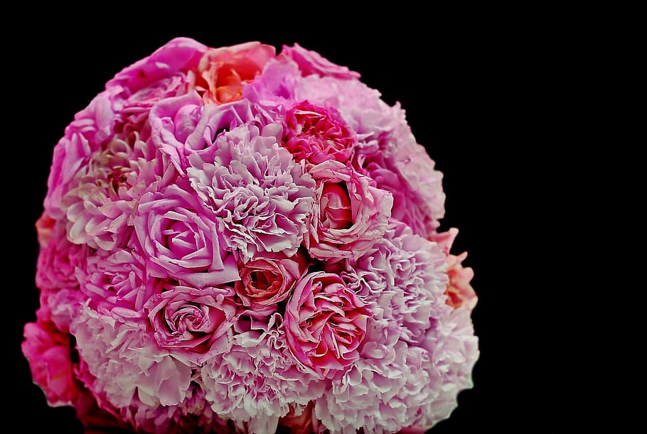 pink petaled flowers, bouquet, roses, cloves, wedding, flowers, pink, valentine's day, top view, decoration