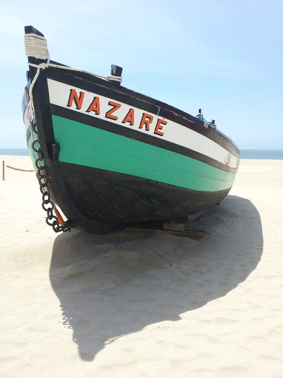 Boat, Nazareth, Portugal, Beach, mar, ocean, litoral, transportation, moored, sand
