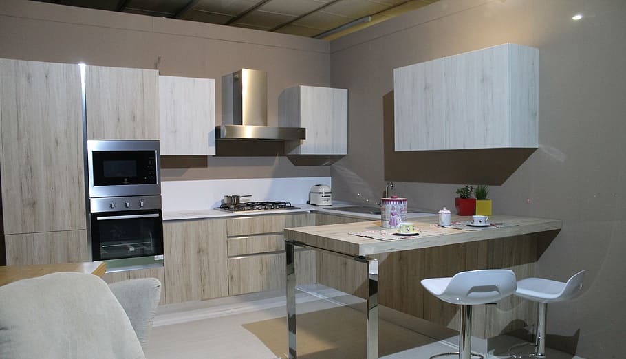 brown, wooden, kitchen table, kitchen, modern kitchen, furniture, house, interior, cook, arredo