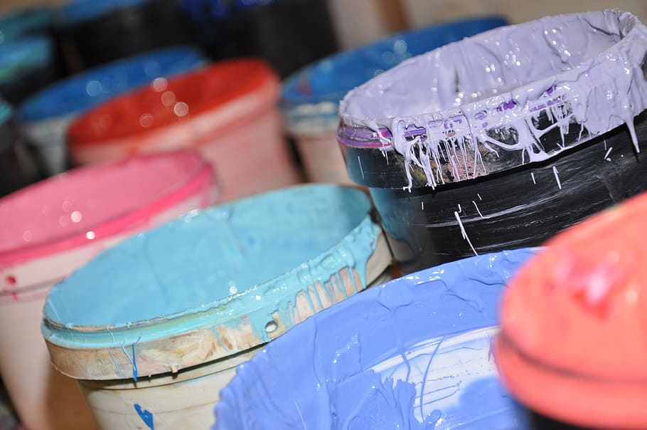 several containers, paint, ink, pantone, close-up, indoors, selective focus, food and drink, multi colored, blue