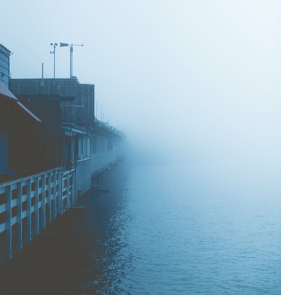 elevated, houses, body, water, foggy, weather condition, waterfront, harbor, port, ocean