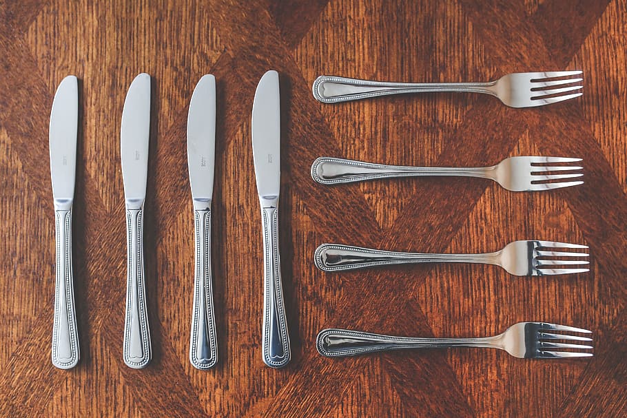 stainless, garpu baja, pisau roti, alat makan, pemotong, knive, garpu, perak, meja, set