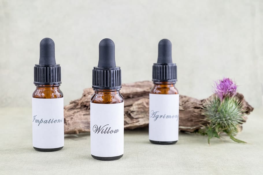 bach, flower, remedy, essence, energy, impatiens, willow, agrimony, bottle, drop