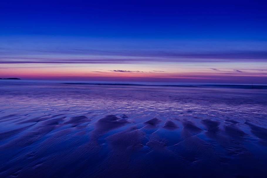 marea baja, puesta de sol, Playa, Bahía de Watergate, Cornwall, Inglaterra, naturaleza, nubes, costa, paisaje