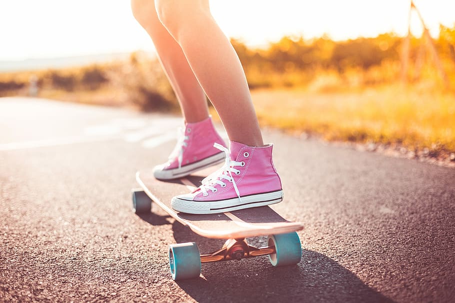 young, girl, riding, Pink, Shoes, Longboard, active, crazy, enjoying, time