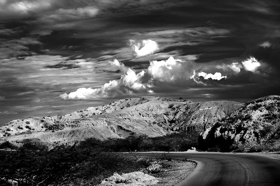 road, venezuela, black and white, clouds, nature, mountains, plain, sun, beauty, landscape