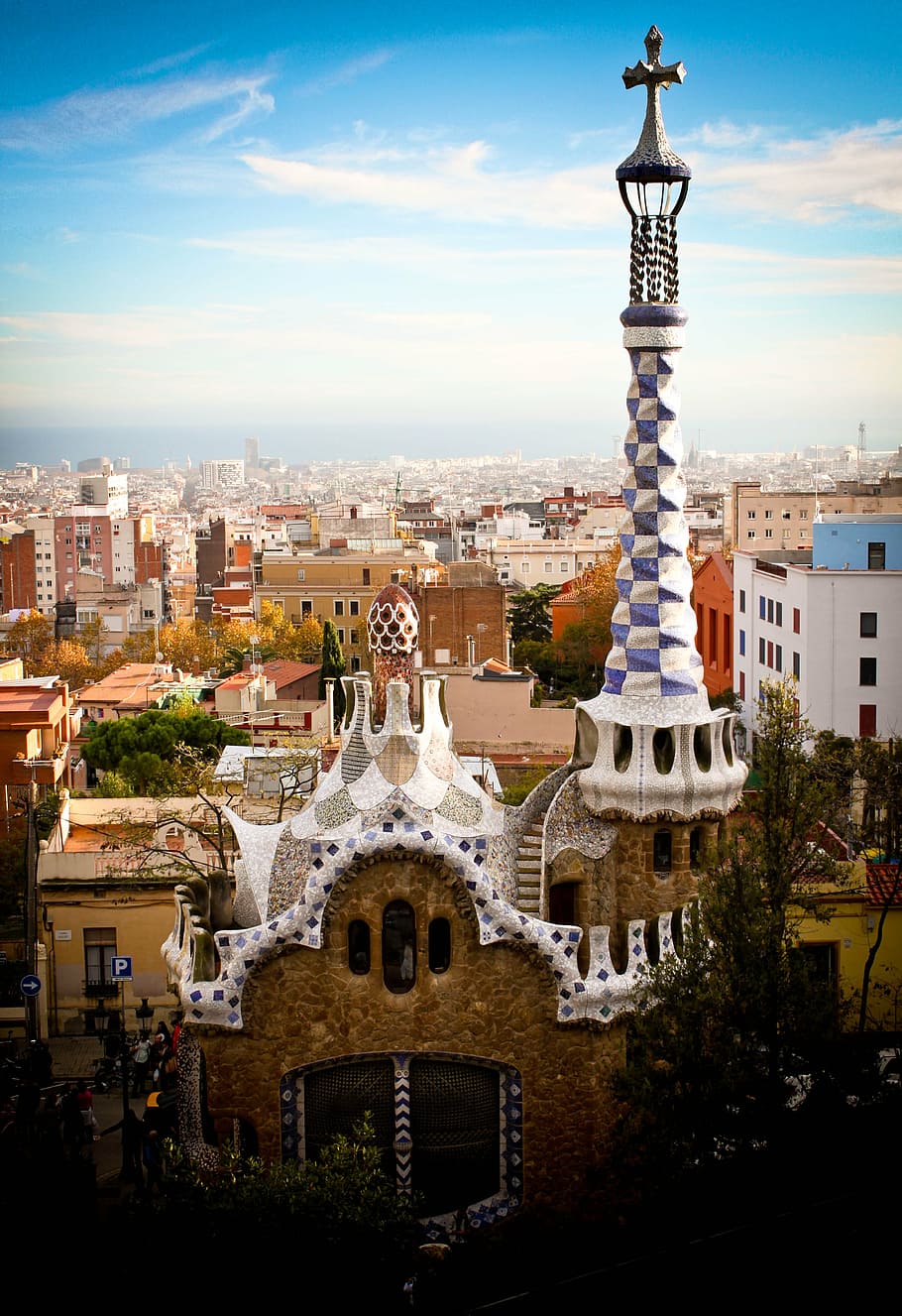 brown, gray, cathedral, buildings, parc güell, gaudí, spain, barcelona, architecture, european