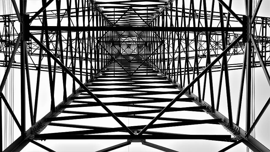 construction, pylon, electricity, steel, screw, black white, background, pattern, technology, structure
