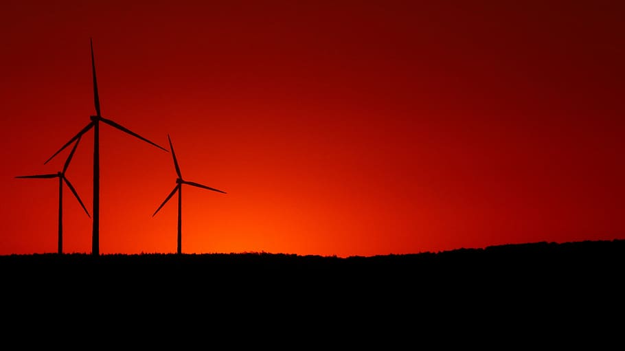 moinhos de vento durante o pôr do sol, windräder, energia eólica, energia renovável, energia, tecnologia ambiental, corrente, parque eólico, usina eólica, cata-vento