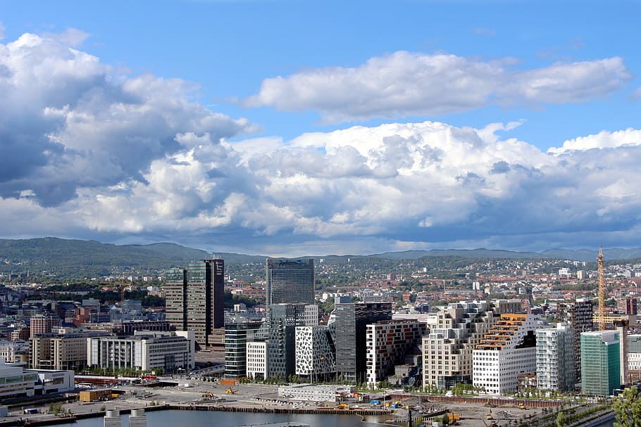 blanco, nubes, edificios de la ciudad, durante el día, Oslo, Noruega, Ciudad, Oslofjord, Escandinavia, viajes