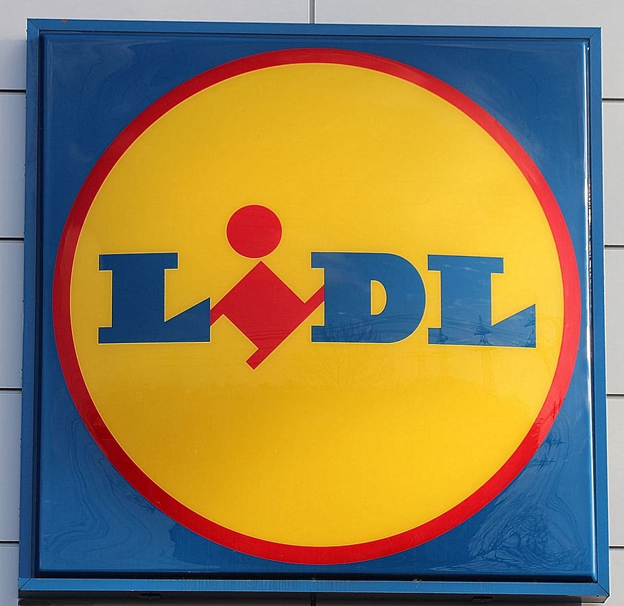 lidl logo, advertising, shield, lidl, advertising sign, supermarket, sign, communication, road sign, yellow