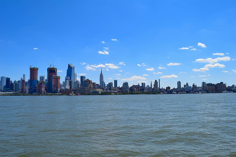 new york, hudson river, skyline, manhattan, city, america, skyscraper, water, sunny, cityscape