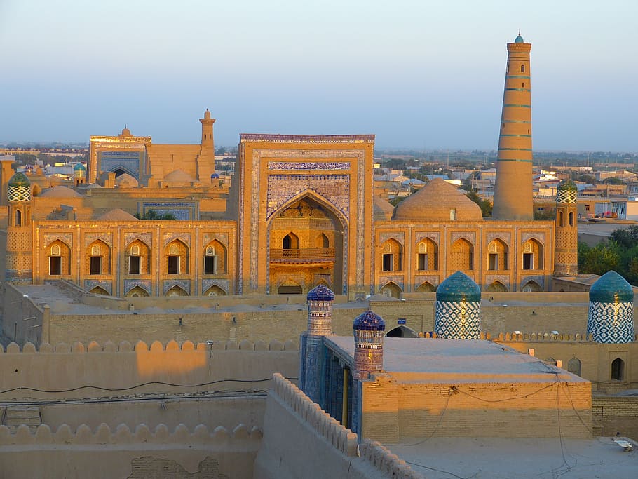 khiva, ciudad, vista a la ciudad, antiguo, abendstimmung, uzbekistán, puesta de sol, arquitectura, estructura construida, exterior del edificio