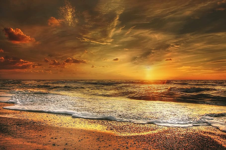seashore during sunset, sunset, north sea, sea, abendstimmung, beach, coast, clouds, evening sky, wave