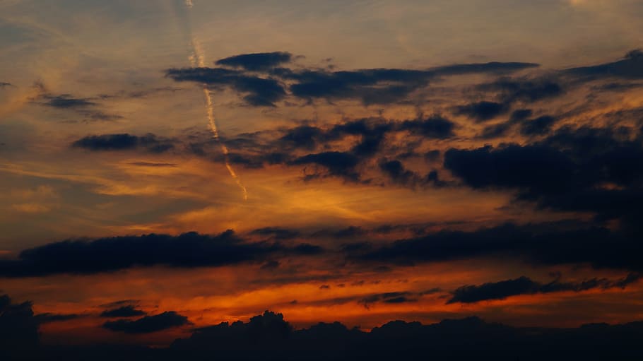 evening sky, clouds, contrail, sunset, afterglow, beauty in nature, nature, sky, tranquility, silhouette