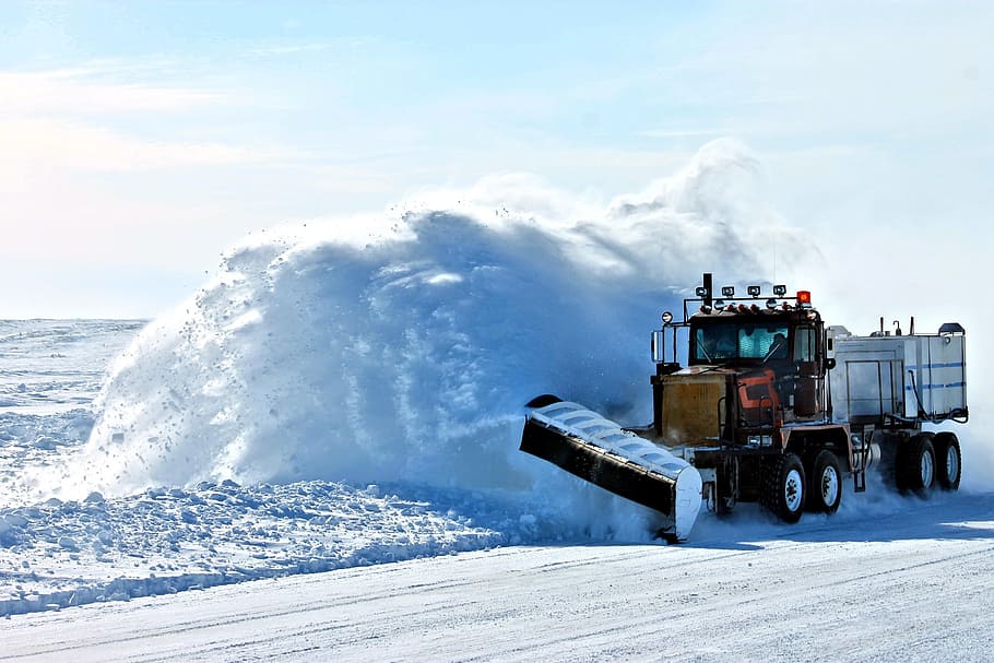 black, freight truck, snow plow blade, covered, ground, daytime, plow, snow, ice, road