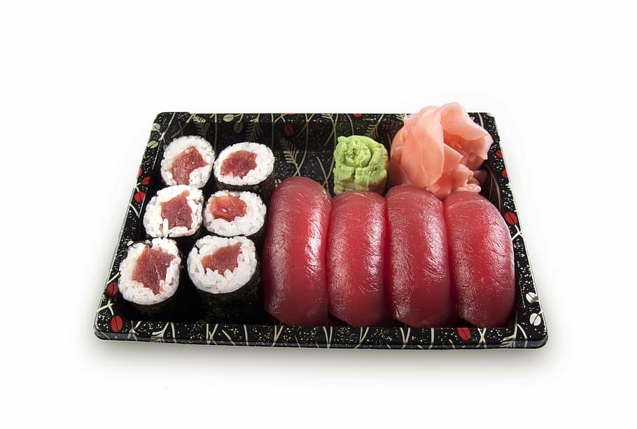 sushi, set, nigiri, maki, fish, raw, salmon, rice, wasabi, tuna