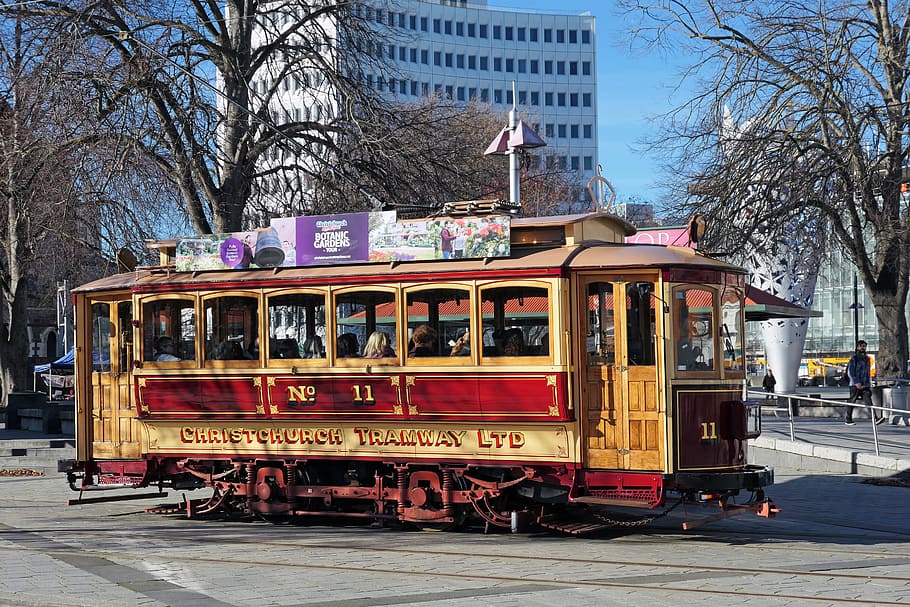 Trams, Christchurch, NZ, brown and red train, city, mode of transportation, public transportation, tree, transportation, architecture