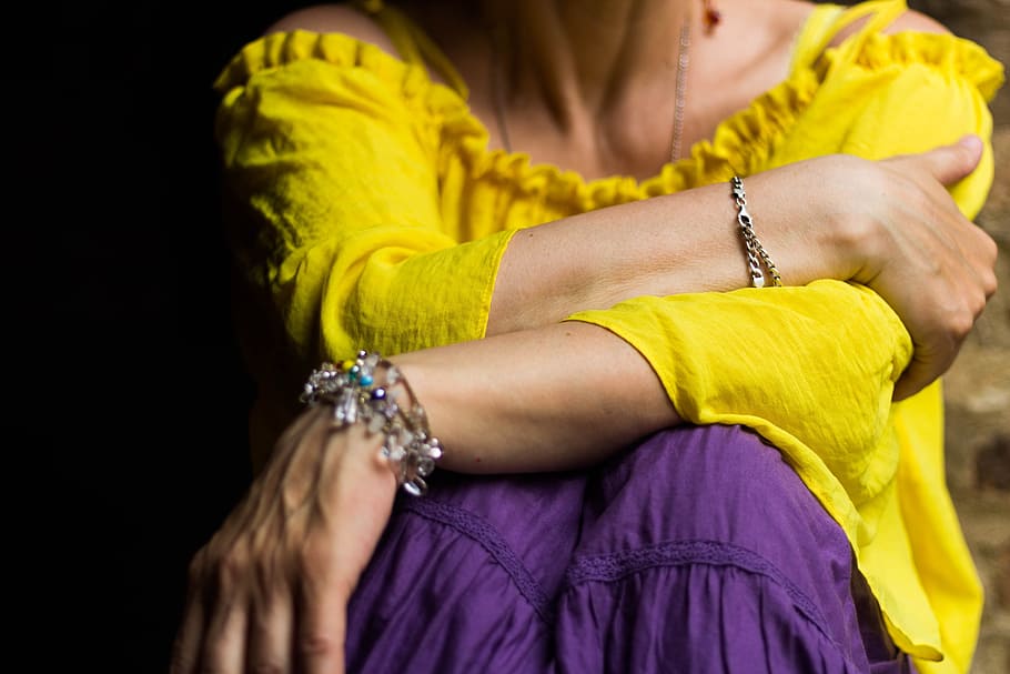 wearing, yellow, purple, dress, sitting, Woman, Colours, Yellow, Violet, Jewelery, violet