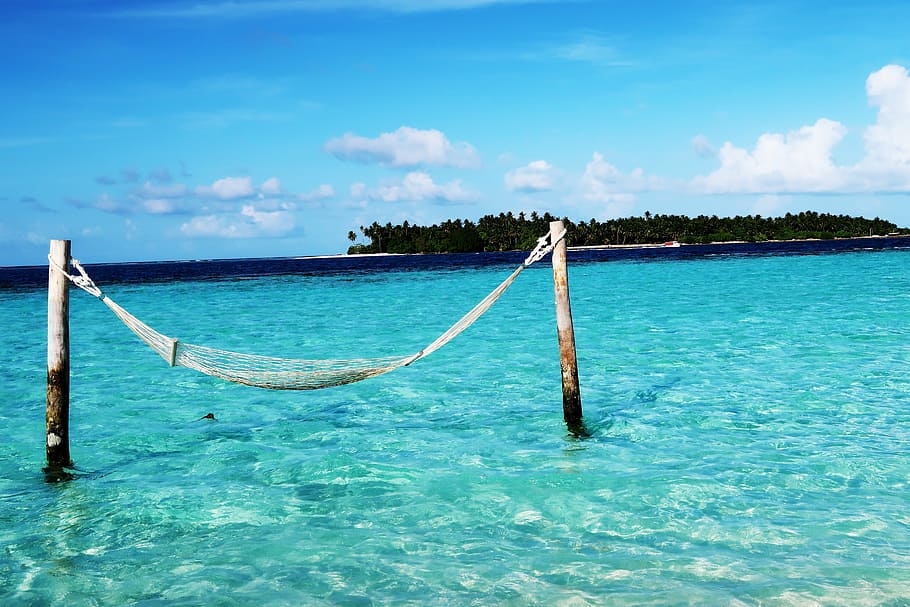 blanco, hamaca, cuerpo, agua, playa, maldivas, azul, viajes, verano, mar