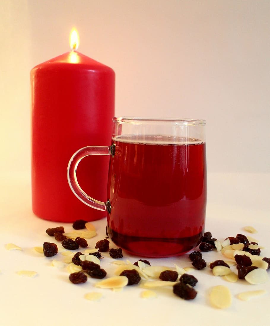 red, liquid, filled, clear, glass mug, christmas, candle, mulled wine, atmosphere, drink
