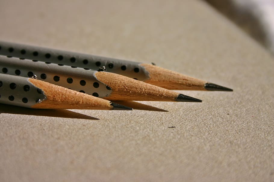 three gray pencils, pencils, pen, leave, notes, draw, office accessories, stationery, wood, school