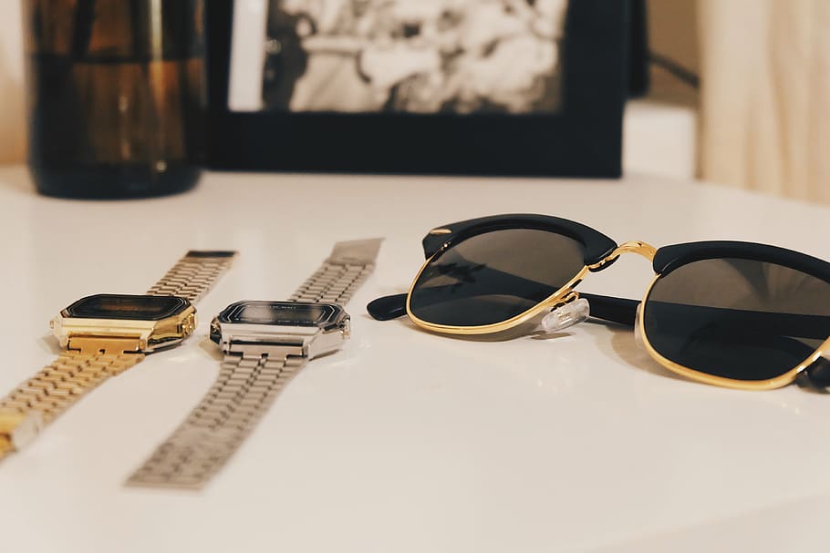 kacamata hitam, jam tangan, waktu, gaya, tambahan, mode, Desain, musim panas, kacamata, Retro