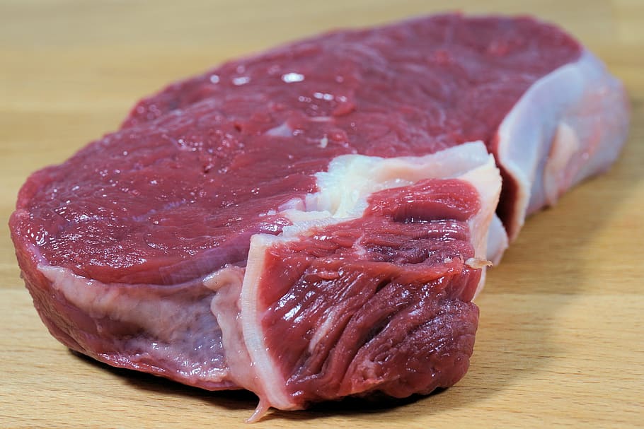 raw, meat, top, beige, chopping, board, food, piece of meat, beef, wooden board