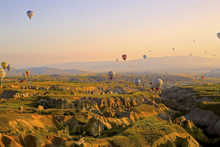 parachute, people, travel, adventure, ride, clouds, sky, mountain, hot air balloon, landscape