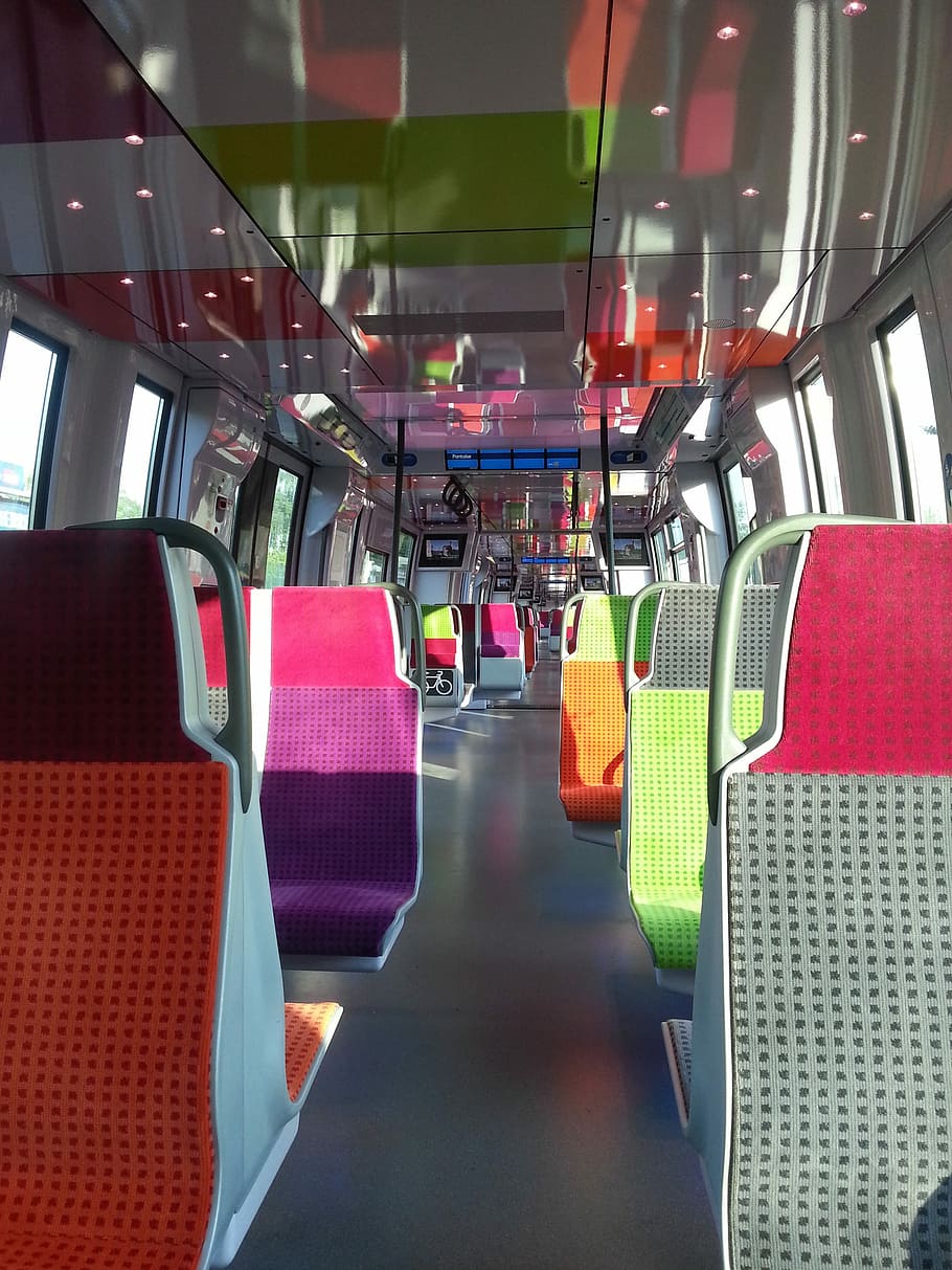 kursi penumpang kosong, internal, kursi, modern, perjalanan, tempat sampah, transportasi, di dalam ruangan, Perancis, Paris