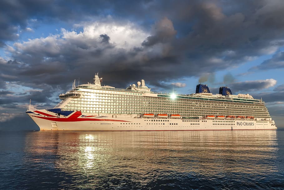 cruise ship, britannia, baltic sea, vacations, tourism, morning, sunrise, sea, nature, clouds