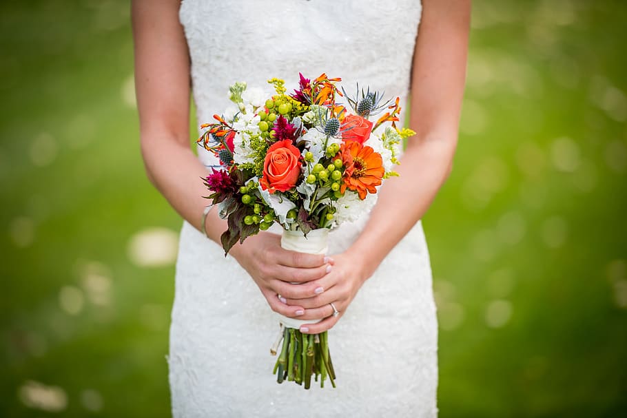 woman, white, dress, holding, bouquet, flowers, bloom, blossom, bride, flora
