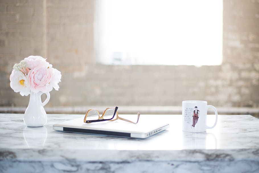 desk, flowers, office, laptop, cup, glasses, table, marble, interior, coffee