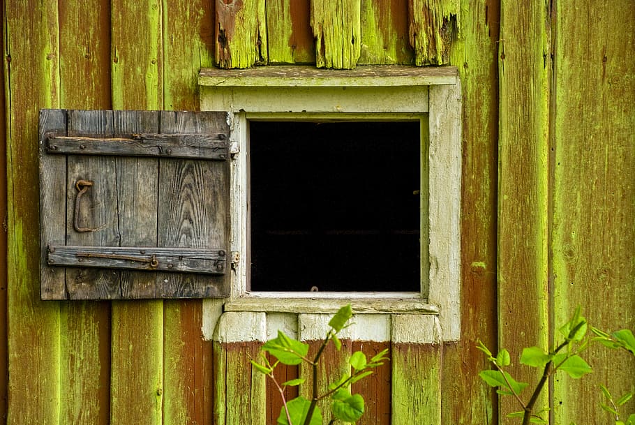 brown wooden cabinet, window, old wood, window door, summer, gap, green algae, barn, sweden, countryside