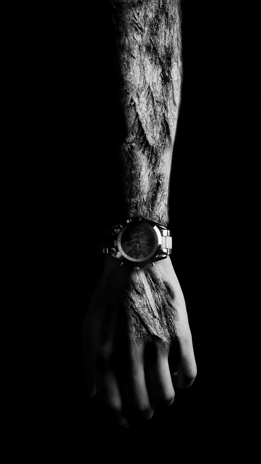 arm, surreal, composing, human, light, mystical, wrist watch, horror, rot, wood