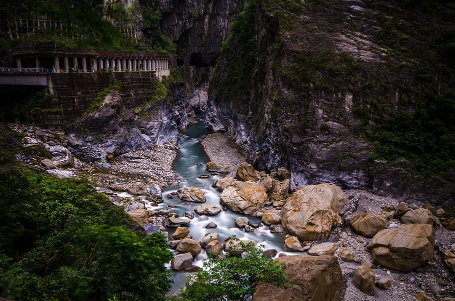 Taroko National Park, Waterfall, Rocks, landscape, mountain, travel, cliff, taiwan, taroko, river
