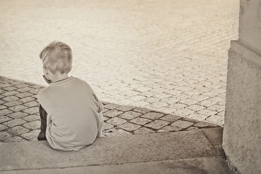 gray, scale photography, boy, sitting, concrete, floor, gray scale, photography, lonely, child