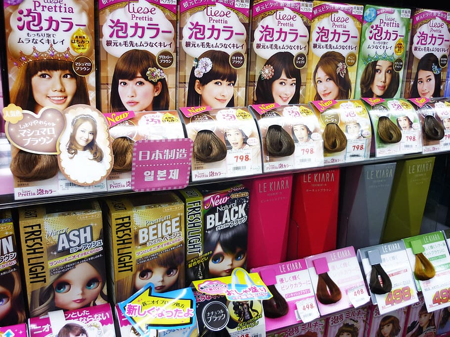 cabelo, cor, caixa, lote, exibir, tintura de cabelo, produtos de beleza, Ásia, Japão, produtos