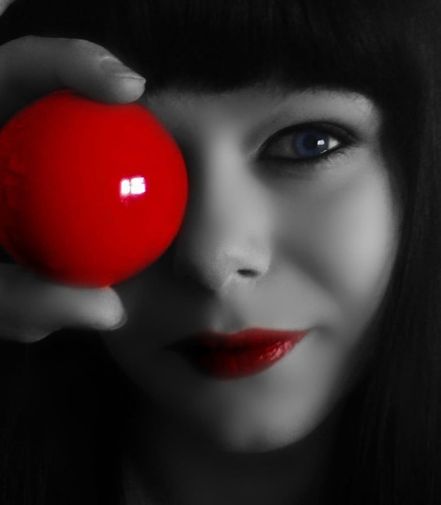 woman, holding, red, ball, person, lips, billiards, snooker, black and white, one person