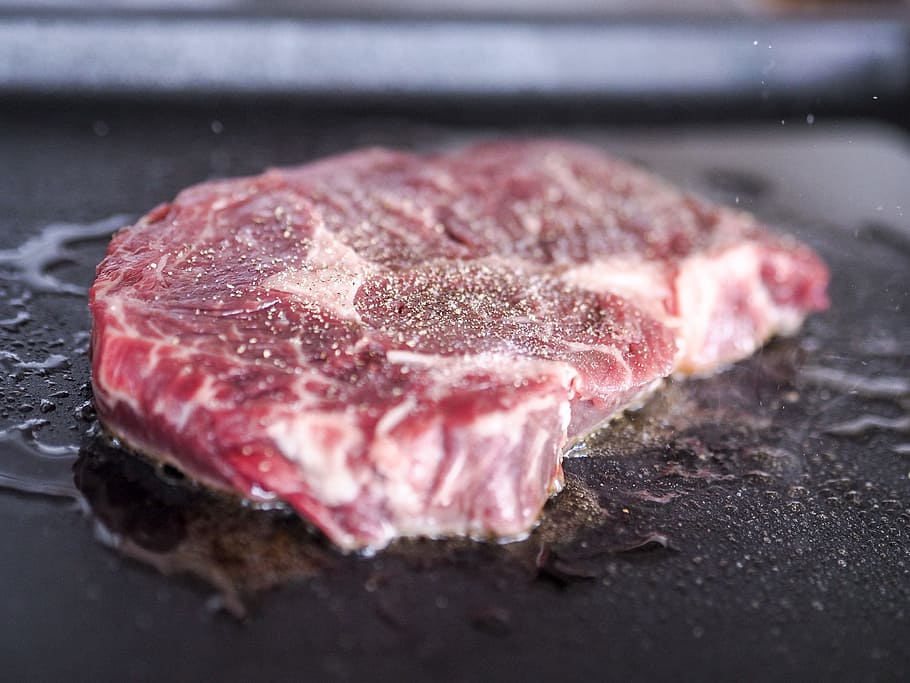 raw, meat, seasonings, steak, beef, frying, dinner, cooking, kitchen, food