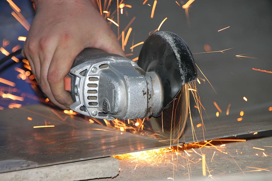 person, holding, grey, angle grinder, Angle, Cutting, Grinder, Iron, Metal, sparks