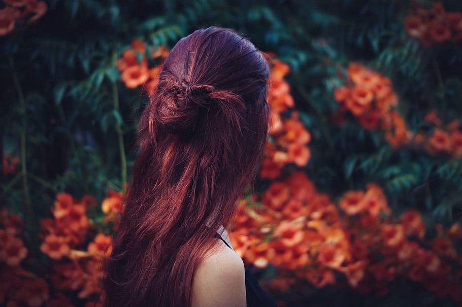 woman, red, hair, facing, away, towards, flowers, people, lady, plants