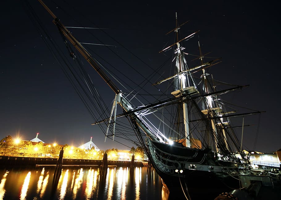 sailing boat night photo, uss constitution, boston, massachusetts, night, evening, bay, harbor, port, water