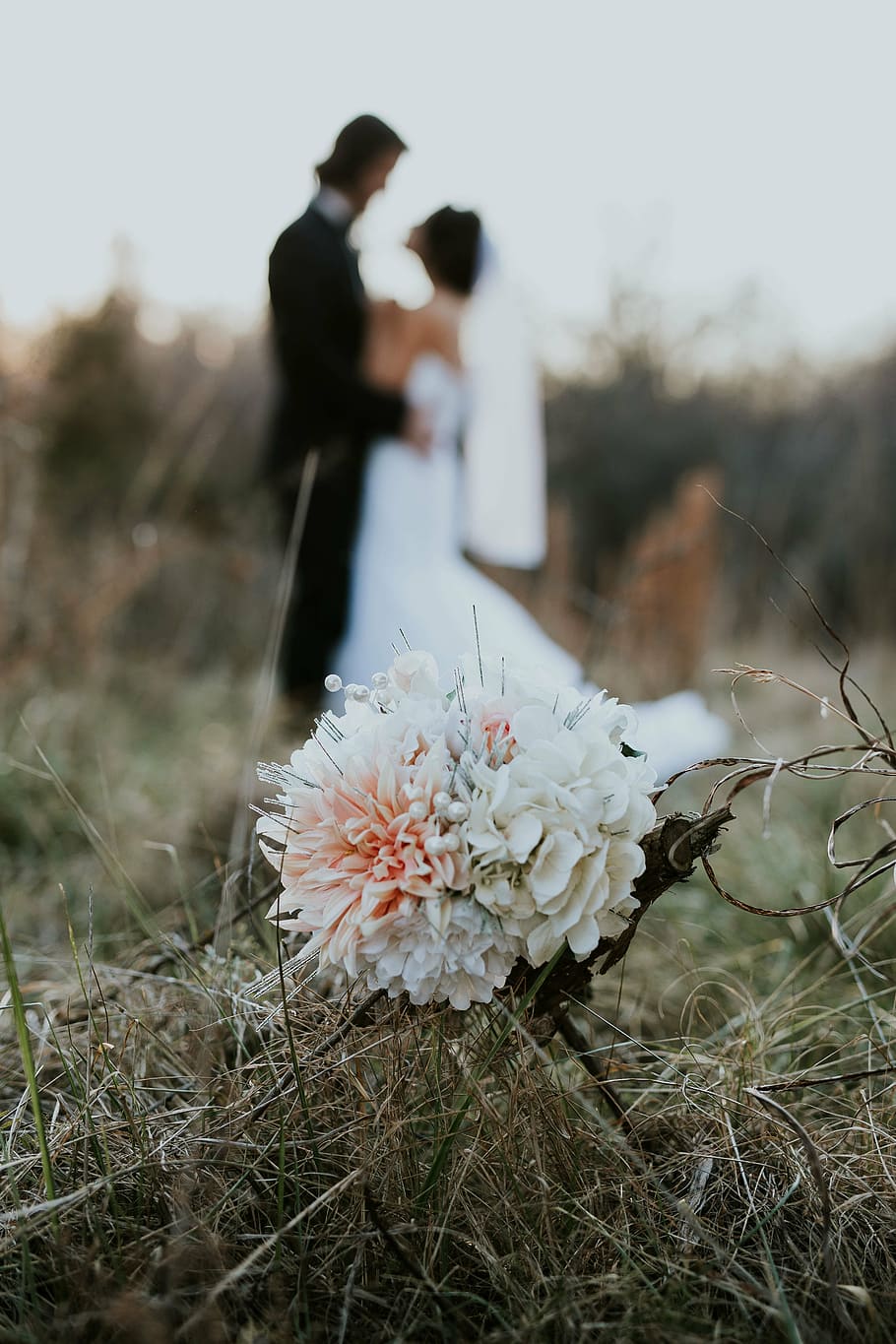selektif, fotografi fokus, putih, pink, bros, rumput, pernikahan, pengantin, bunga, karangan bunga