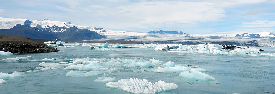 icebergs, mountains, daytime, jökulsárlón glacier lagoon, glacial lake, water, ice, driving iceberg, volcanic ash, nature