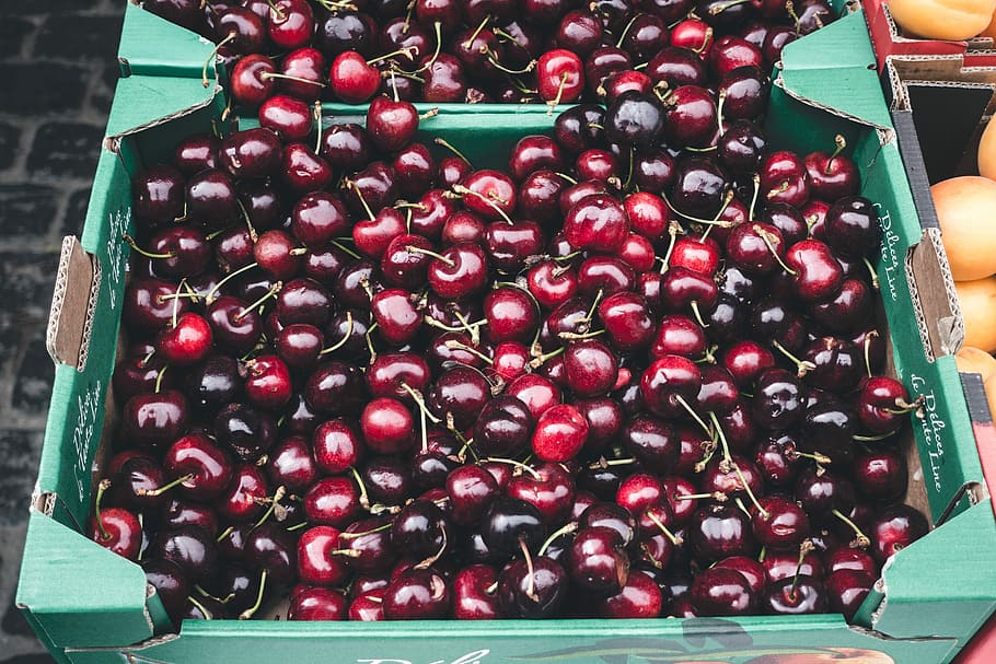 dark red cherries, Dark red, cherries, farmers market, fresh, fruit, healthy, outside, red, summer