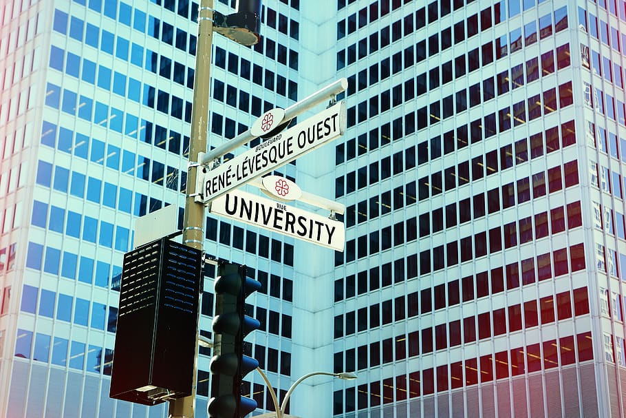 montreal, downtown, street corner, traffic lights, lamp posts, sign, buildings, windows, built structure, building exterior