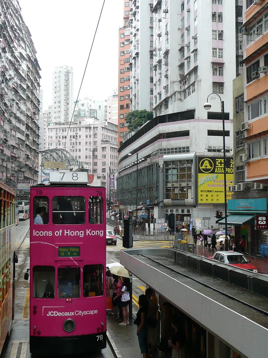 hong kong, double decker, street canyon, city, architecture, building exterior, built structure, group of people, mode of transportation, transportation