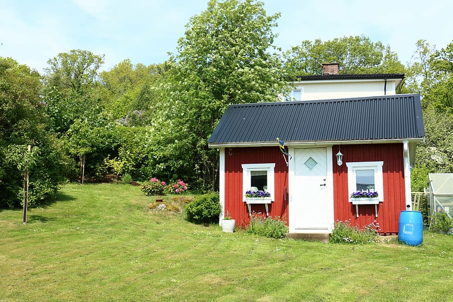 cottage, garden, summer, sweden, red, sky blue, nature, green, forest, grass